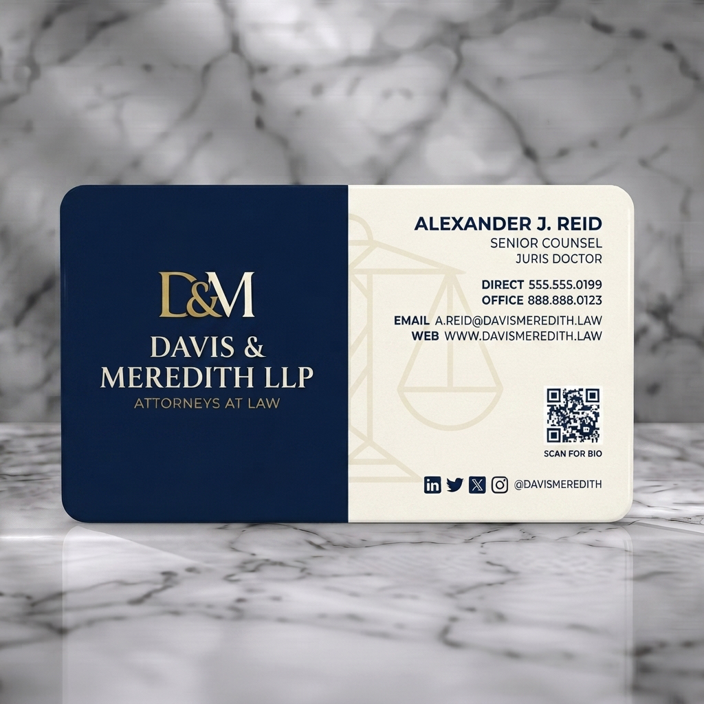 Solid white PVC business card featuring elegant navy & cream design, gold accents, mixed typography, subtle scales, social media icons