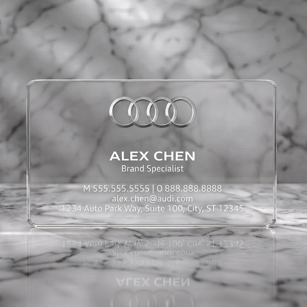 Clear plastic business card featuring iconic silver Audi rings logo, modern white sans-serif typography, and minimalist design