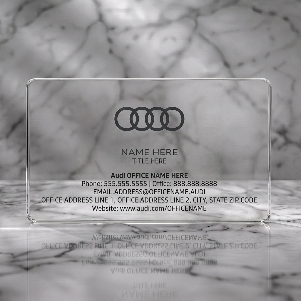Clear plastic business card featuring clean white layout with black Audi rings logo and clear sans-serif typography