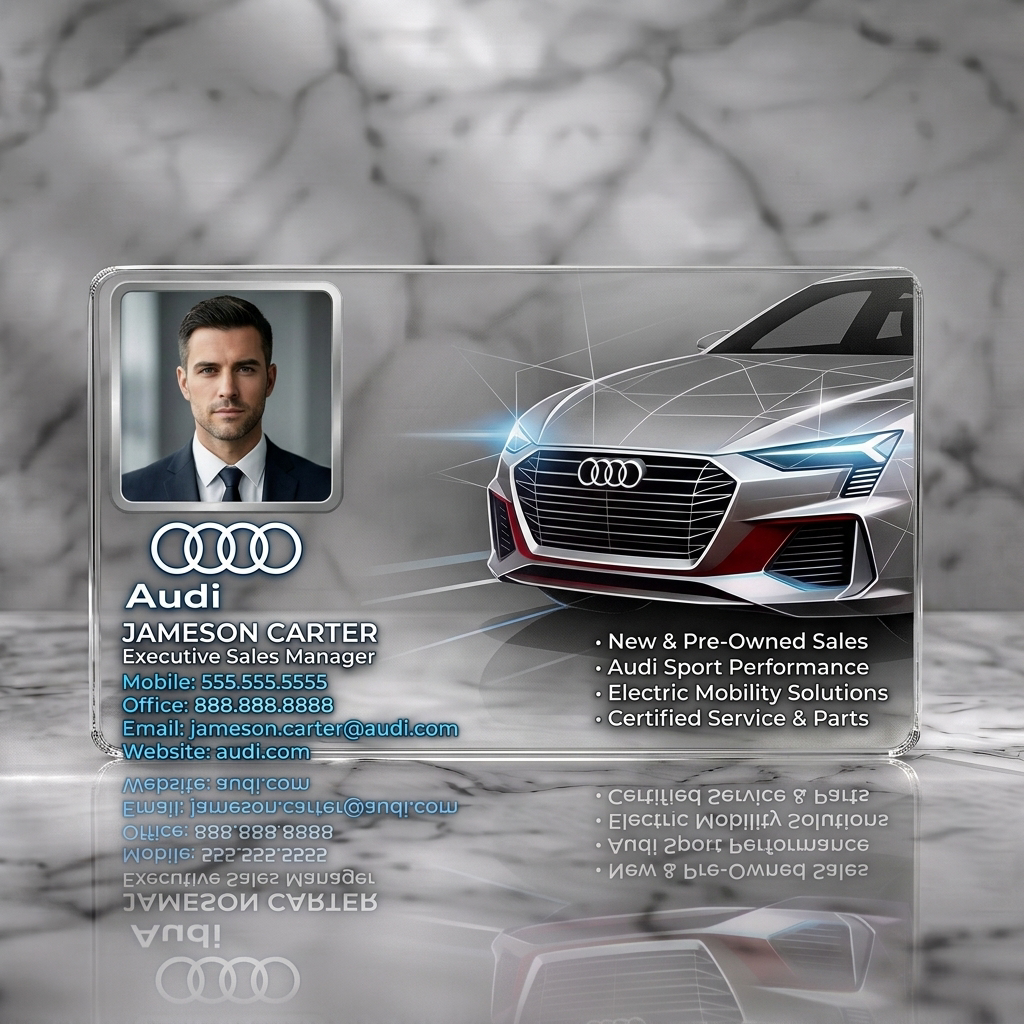 Clear plastic business card featuring a professional photo, white Audi rings logo, clean sans-serif typography, and a modern silver car graphic