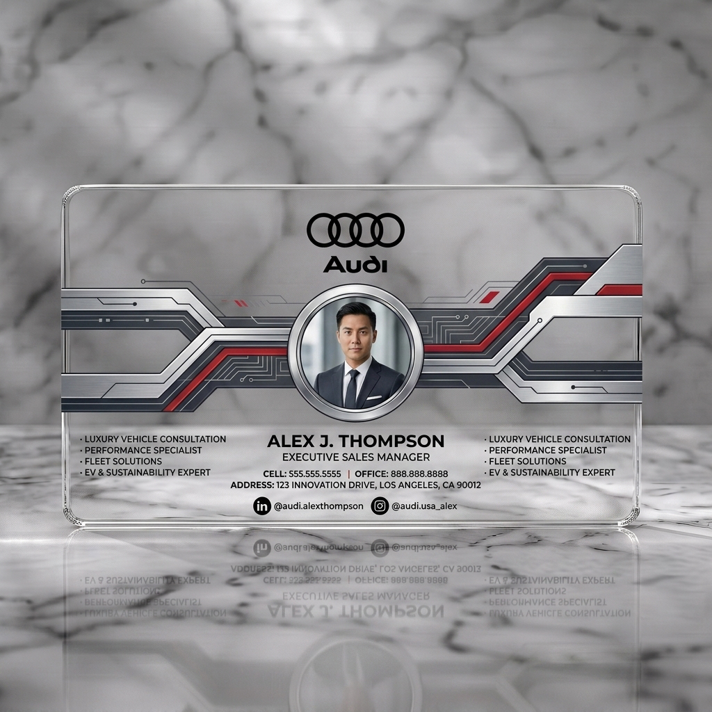 Clear plastic business card featuring modern, tech-inspired Audi branding with silver circuits, black text, photo, and social icons