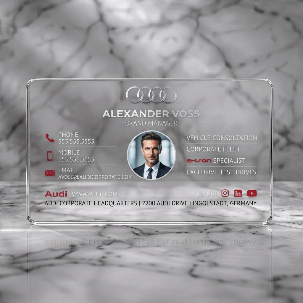 Clear plastic business card featuring minimalist dark grey, silver Audi logo, white sans-serif typography, red contact & social icons