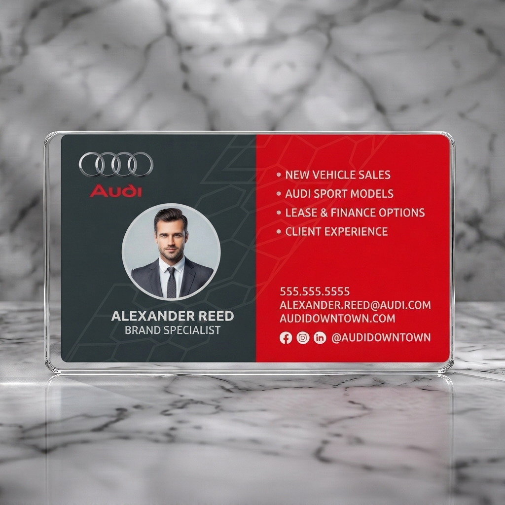 Clear plastic business card featuring modern split-design with Audi branding, a professional portrait, and crisp white typography on red and dark grey