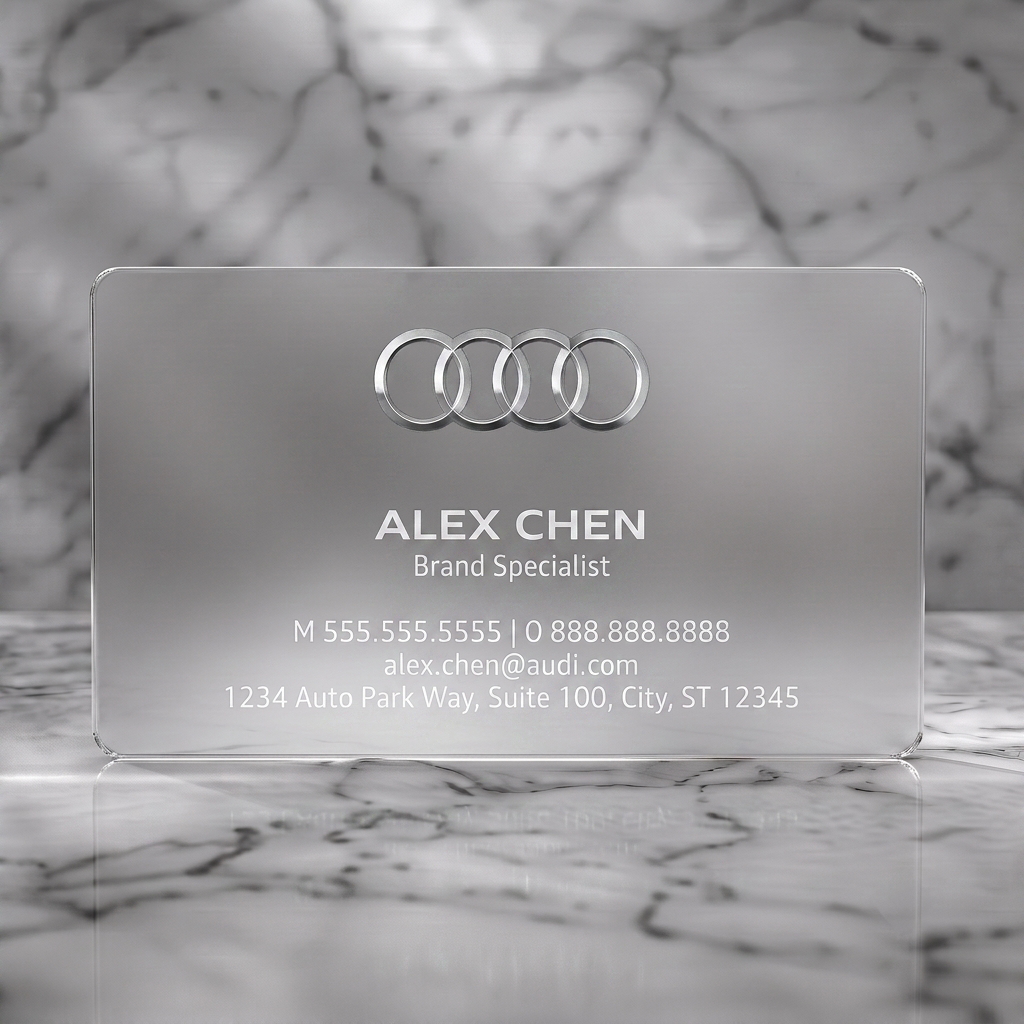 Frosted translucent plastic business card featuring iconic silver Audi rings logo, modern white sans-serif typography, and minimalist design