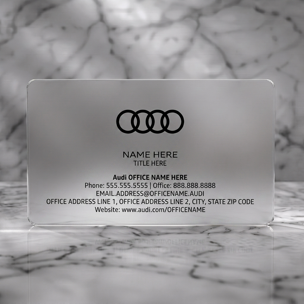 Frosted translucent plastic business card featuring clean white layout with black Audi rings logo and clear sans-serif typography
