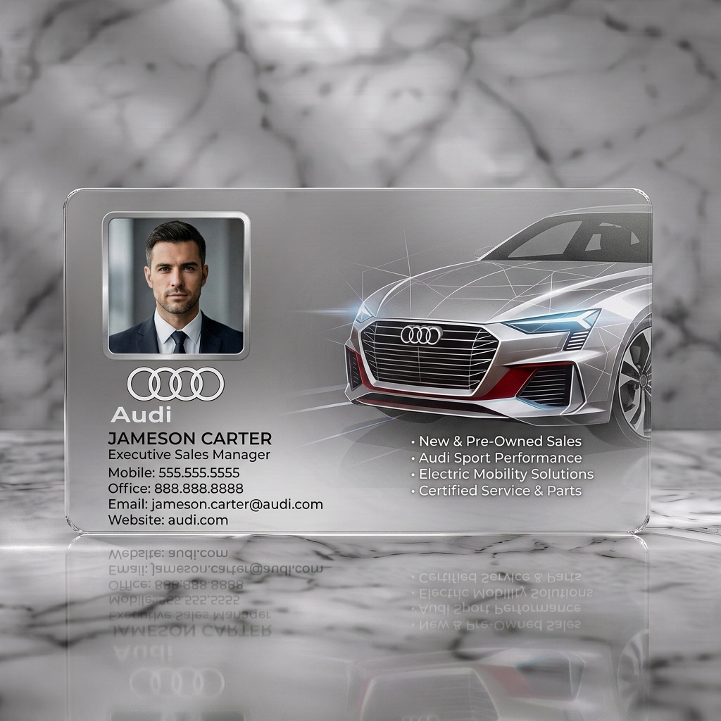 Frosted translucent plastic business card featuring a professional photo, white Audi rings logo, clean sans-serif typography, and a modern silver car graphic
