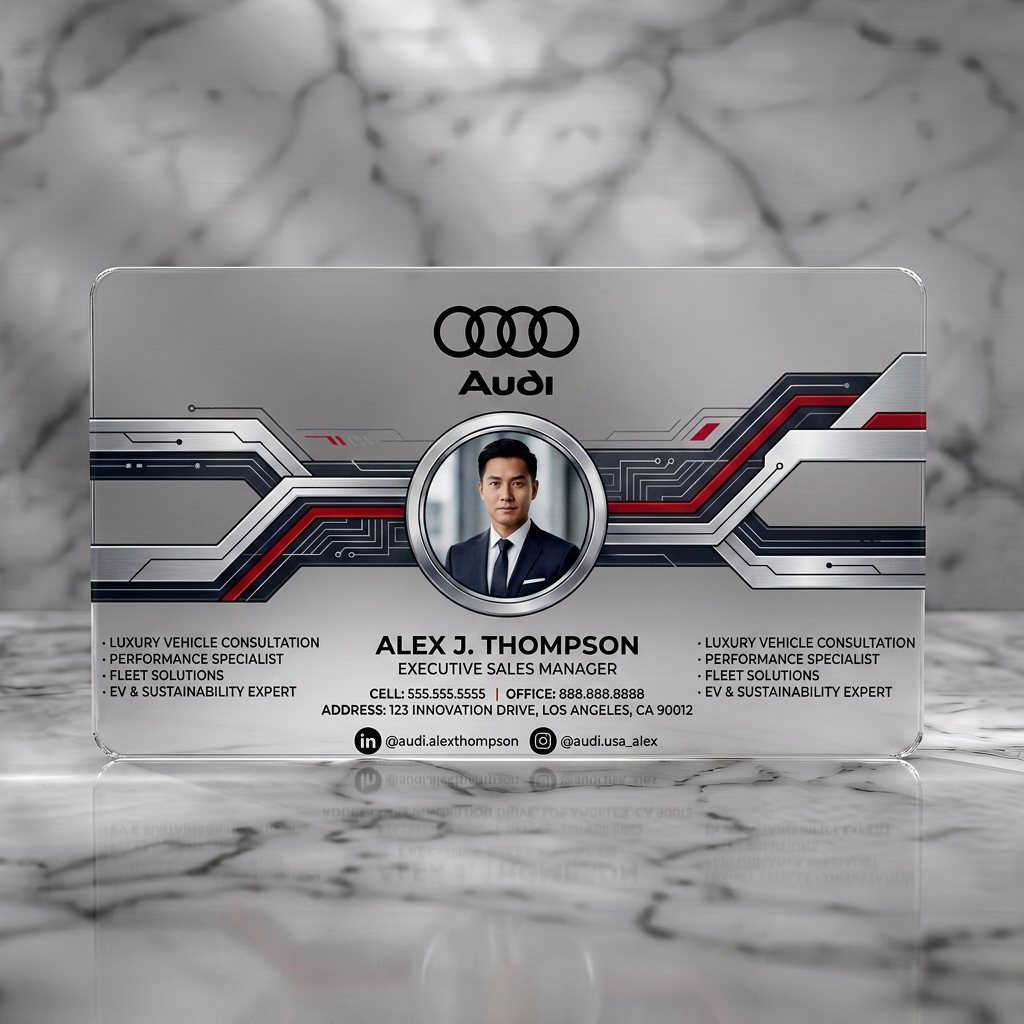 Frosted translucent plastic business card featuring modern, tech-inspired Audi branding with silver circuits, black text, photo, and social icons