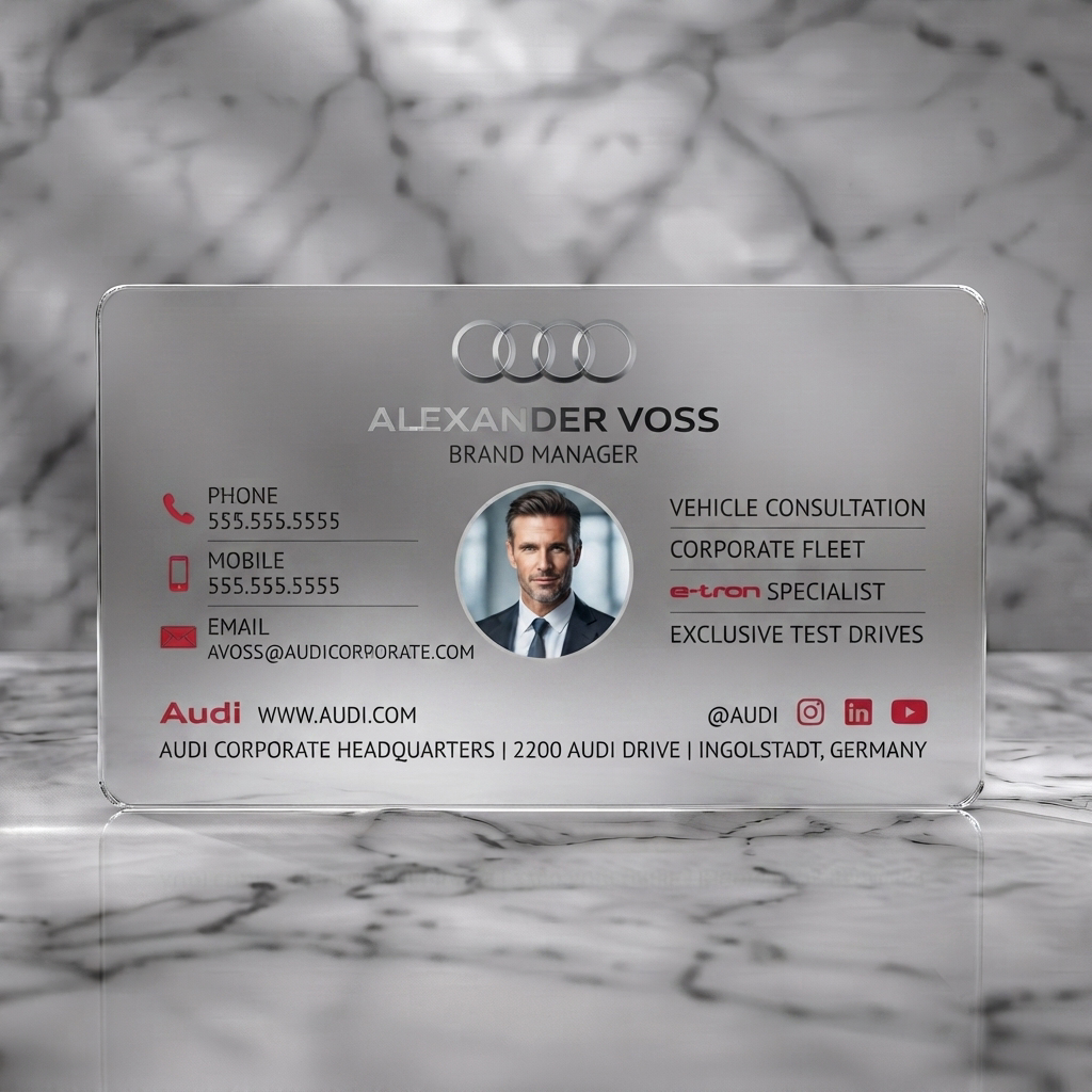 Frosted translucent plastic business card featuring minimalist dark grey, silver Audi logo, white sans-serif typography, red contact & social icons