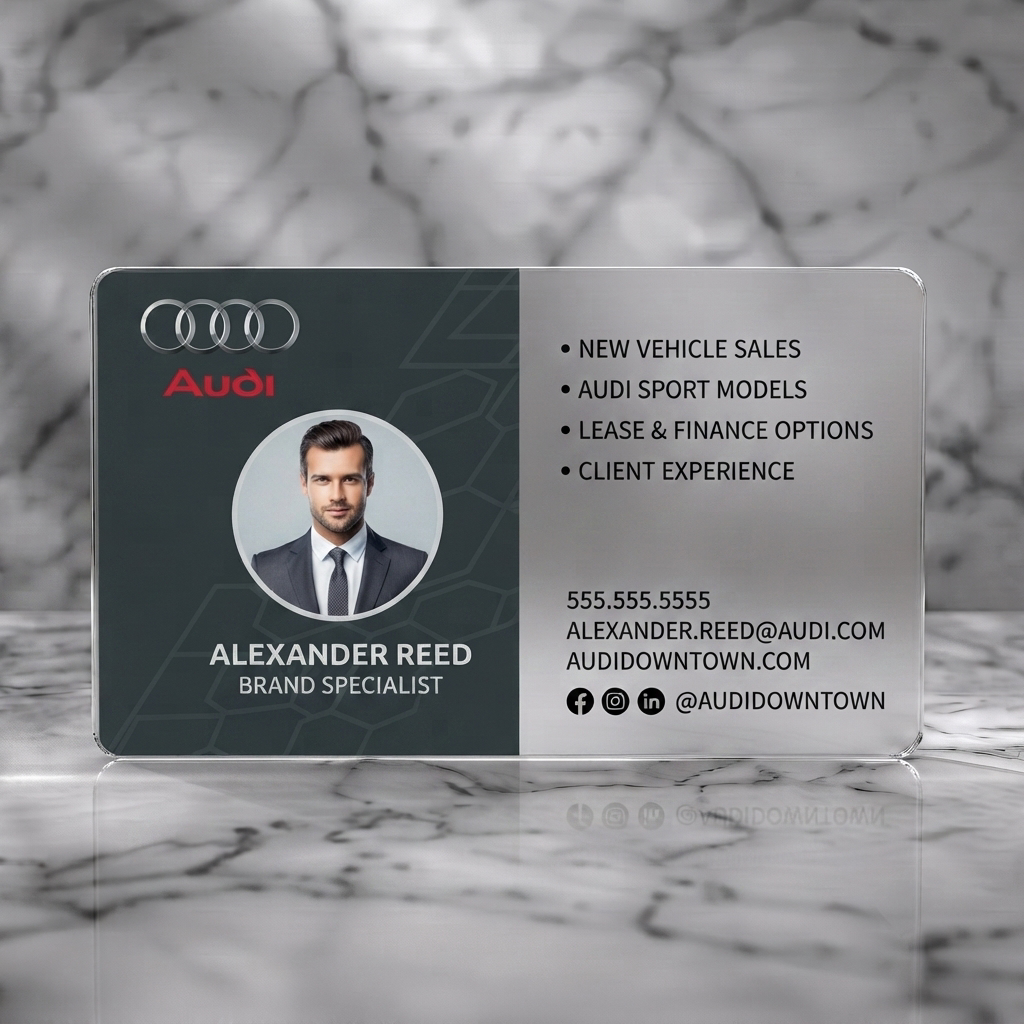 Frosted translucent plastic business card featuring modern split-design with Audi branding, a professional portrait, and crisp white typography on red and dark grey