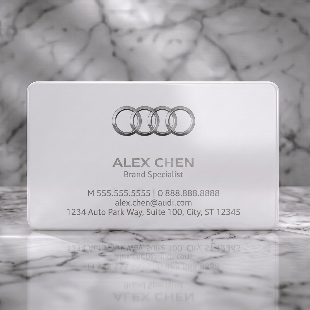 Solid white PVC business card featuring iconic silver Audi rings logo, modern white sans-serif typography, and minimalist design