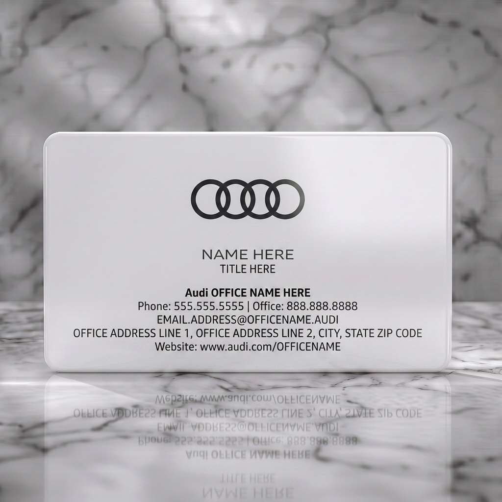 Solid white PVC business card featuring clean white layout with black Audi rings logo and clear sans-serif typography