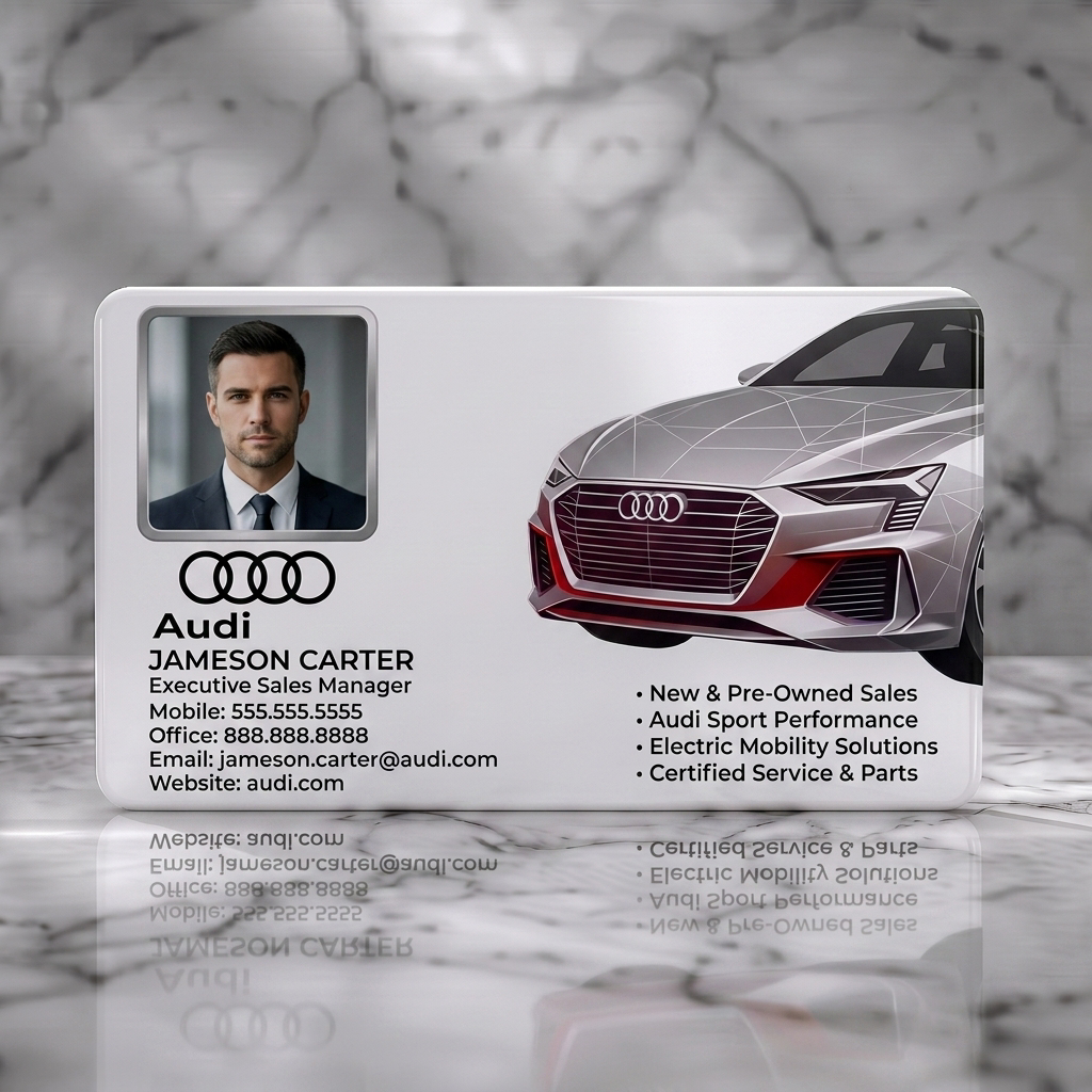 Solid white PVC business card featuring a professional photo, white Audi rings logo, clean sans-serif typography, and a modern silver car graphic