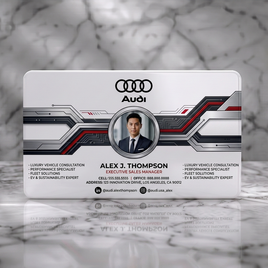 Solid white PVC business card featuring modern, tech-inspired Audi branding with silver circuits, black text, photo, and social icons