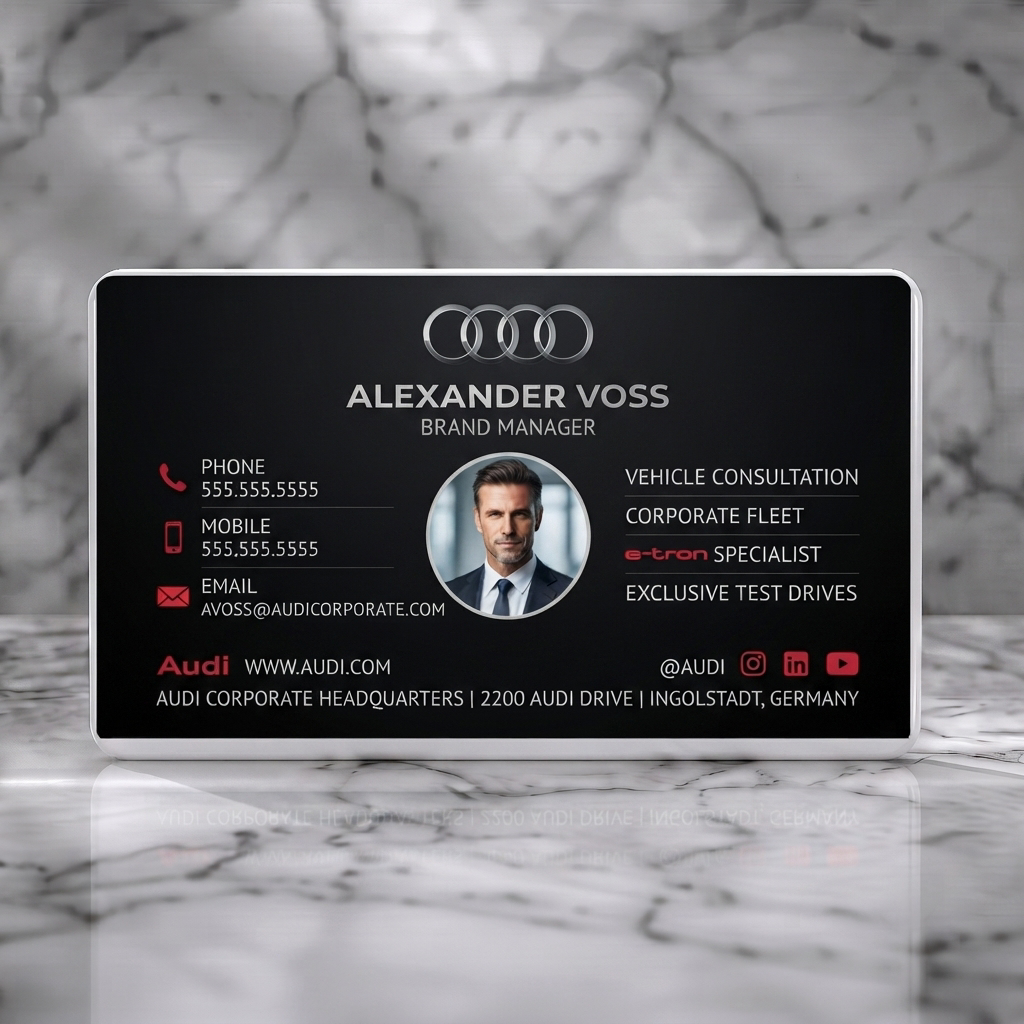 Solid white PVC business card featuring minimalist dark grey, silver Audi logo, white sans-serif typography, red contact & social icons