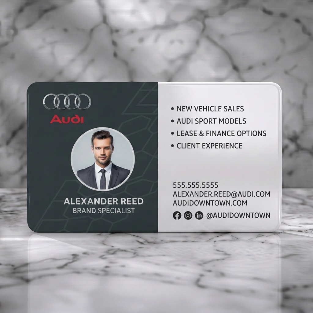 Solid white PVC business card featuring modern split-design with Audi branding, a professional portrait, and crisp white typography on red and dark grey