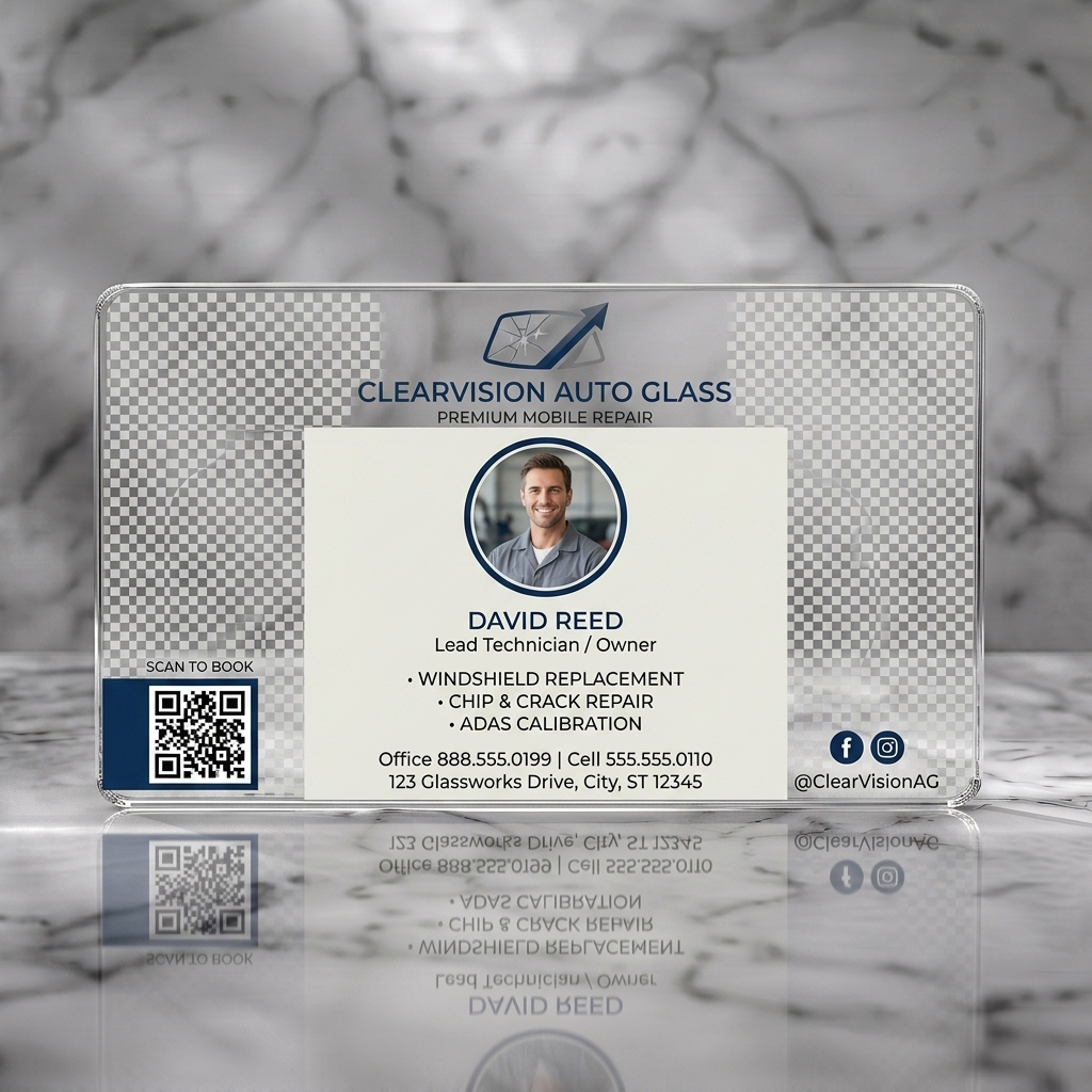 Clear plastic business card featuring clean, modern design with a windshield logo, tech photo, QR code, and navy blue social icons