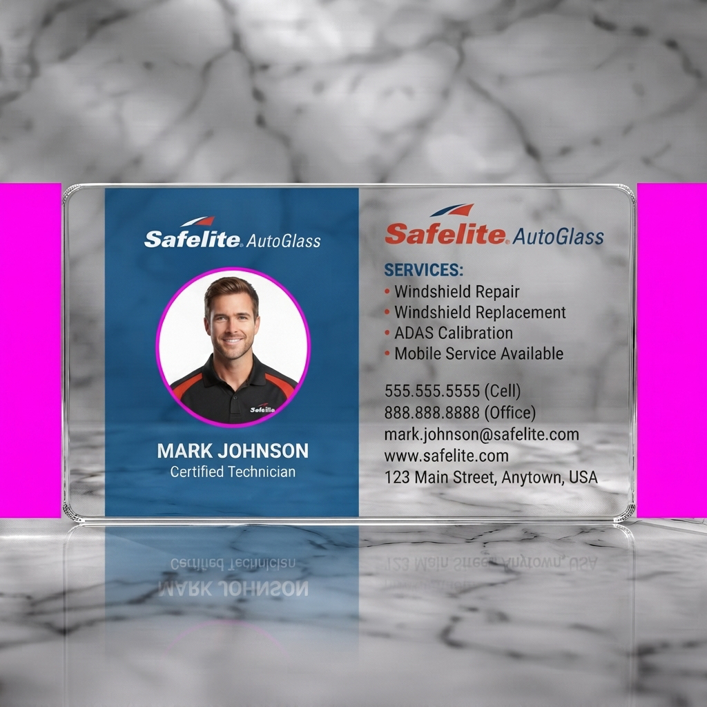 Clear plastic business card featuring a modern split-panel design with a technician photo, Safelite logo, and clear sans-serif typography