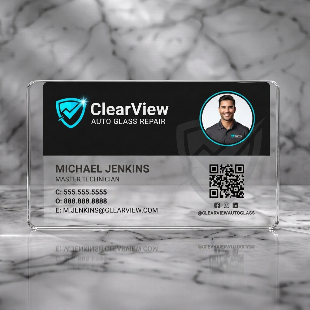 Clear plastic business card featuring a sleek black and white design with vibrant teal accents, a shield logo, sans-serif typography, photo, QR, and social icons