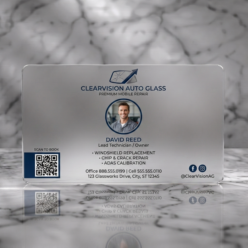 Frosted translucent plastic business card featuring clean, modern design with a windshield logo, tech photo, QR code, and navy blue social icons