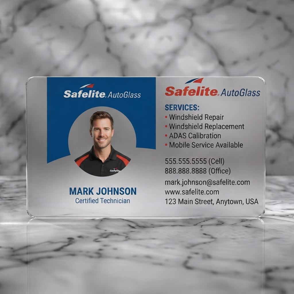 Frosted translucent plastic business card featuring a modern split-panel design with a technician photo, Safelite logo, and clear sans-serif typography