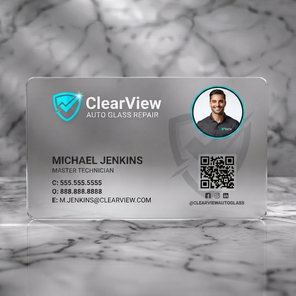 Frosted translucent plastic business card featuring a sleek black and white design with vibrant teal accents, a shield logo, sans-serif typography, photo, QR, and social icons