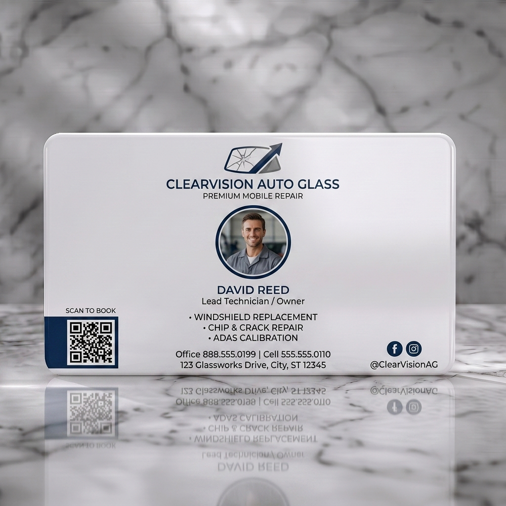 Solid white PVC business card featuring clean, modern design with a windshield logo, tech photo, QR code, and navy blue social icons