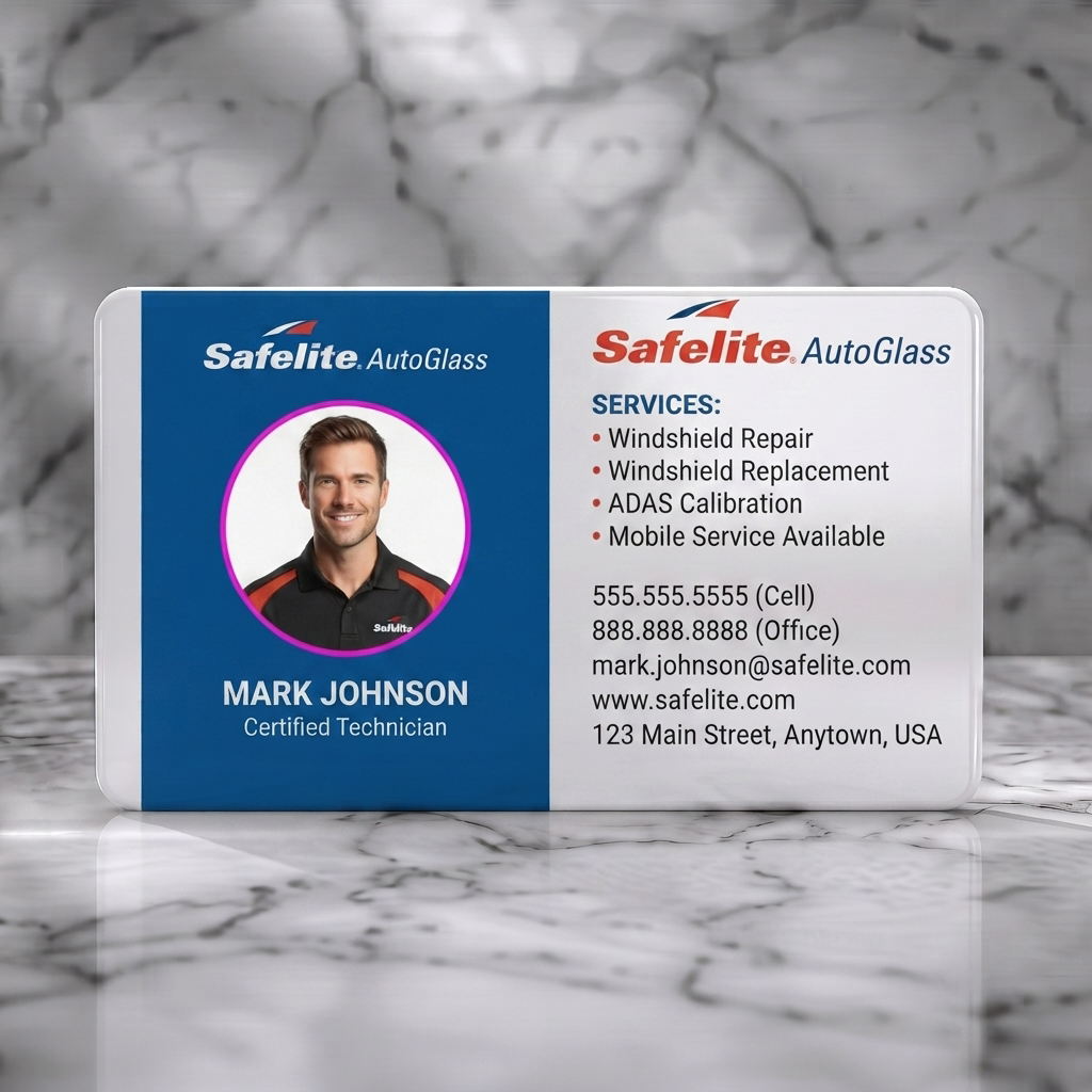Solid white PVC business card featuring a modern split-panel design with a technician photo, Safelite logo, and clear sans-serif typography