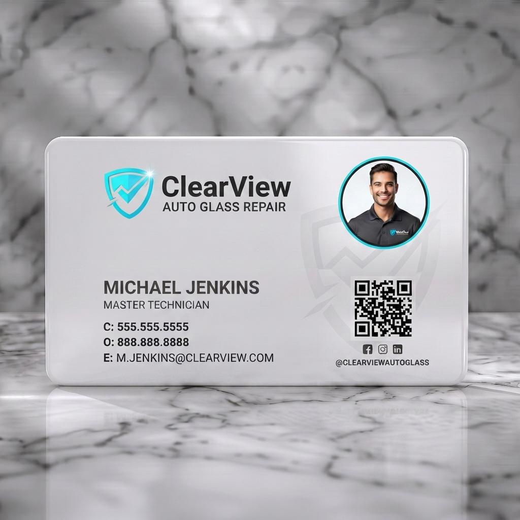 Solid white PVC business card featuring a sleek black and white design with vibrant teal accents, a shield logo, sans-serif typography, photo, QR, and social icons