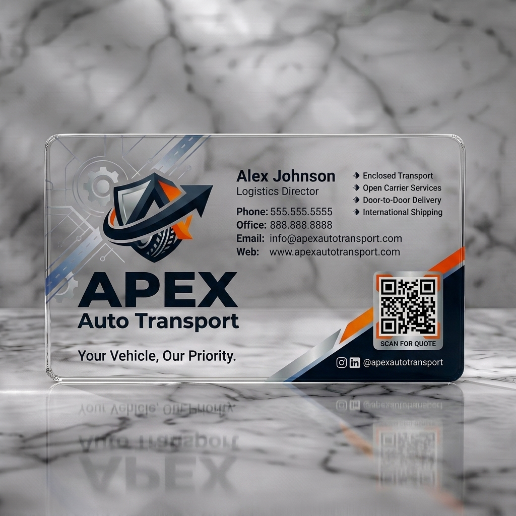 Clear plastic business card featuring a modern design with a shield logo, dark blue & orange accents, sans-serif text, tech graphics, and QR code