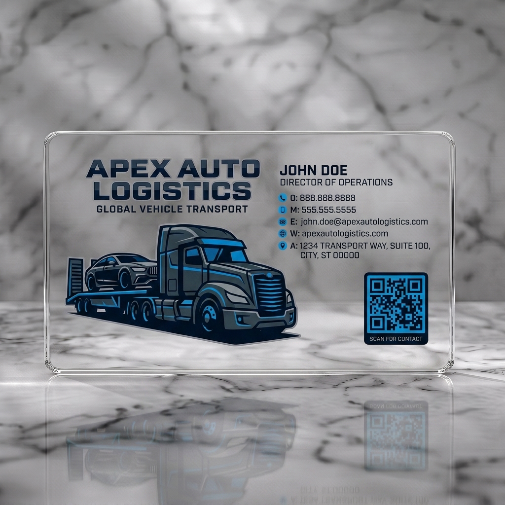 Clear plastic business card featuring a bold truck illustration, sleek gray and blue palette, strong sans-serif fonts, and clear contact icons