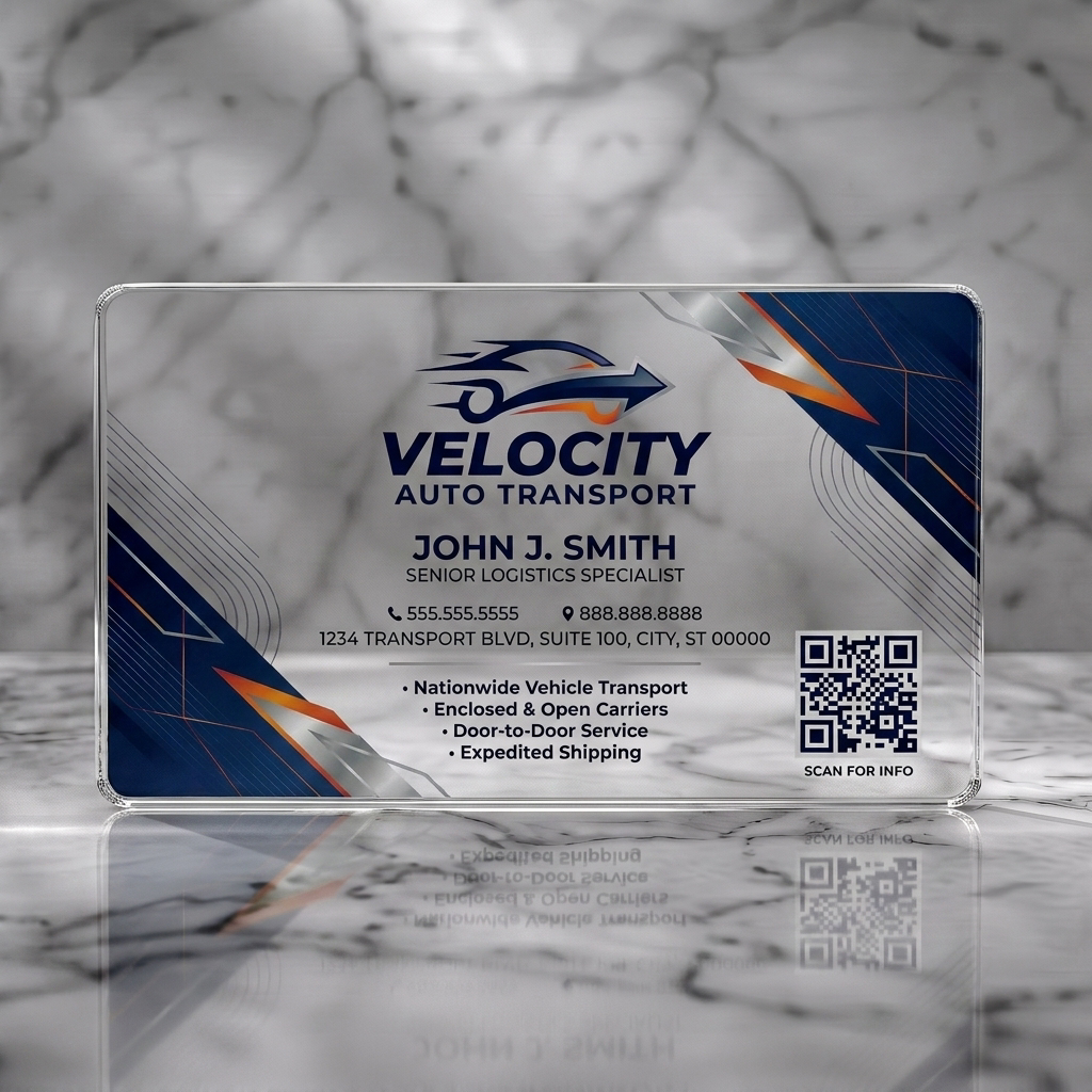 Clear plastic business card featuring geometric dark blue design, sleek car logo, orange/silver accents, modern sans-serif typography, QR code