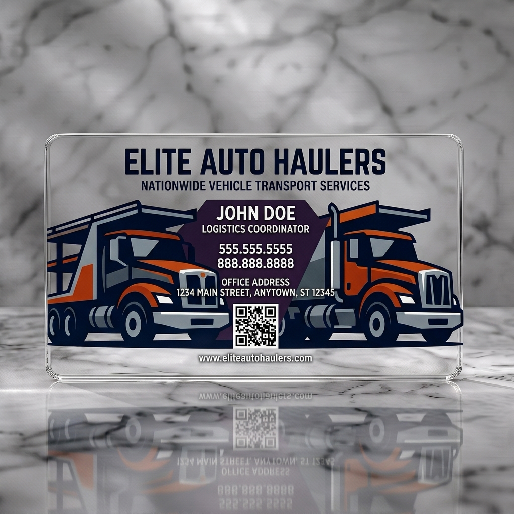 Clear plastic business card featuring bold truck illustrations, white and dark typography, orange/grey accents, and a QR code