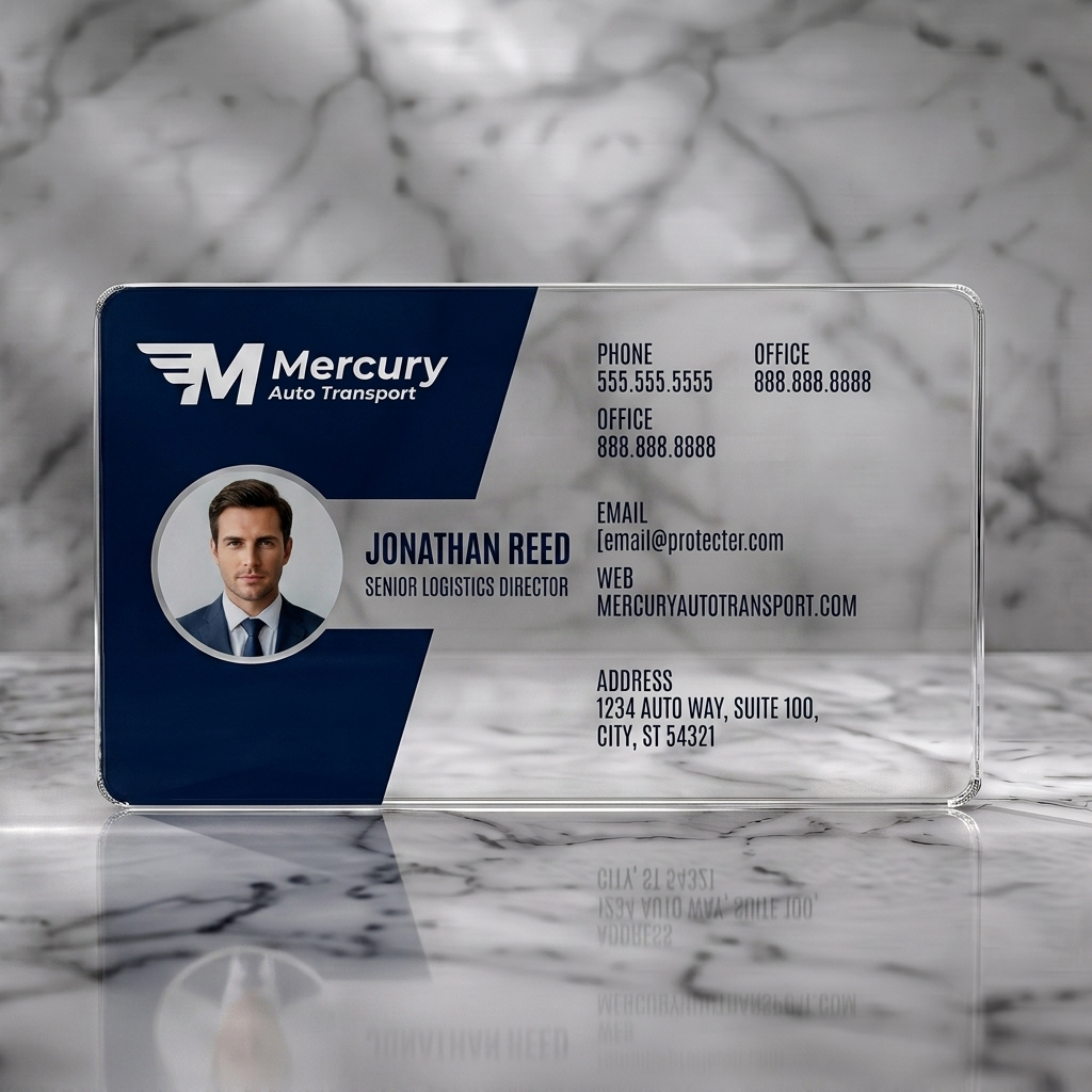 Clear plastic business card featuring a modern navy blue and white design with a winged 'M' logo, sans-serif typography, and professional photo