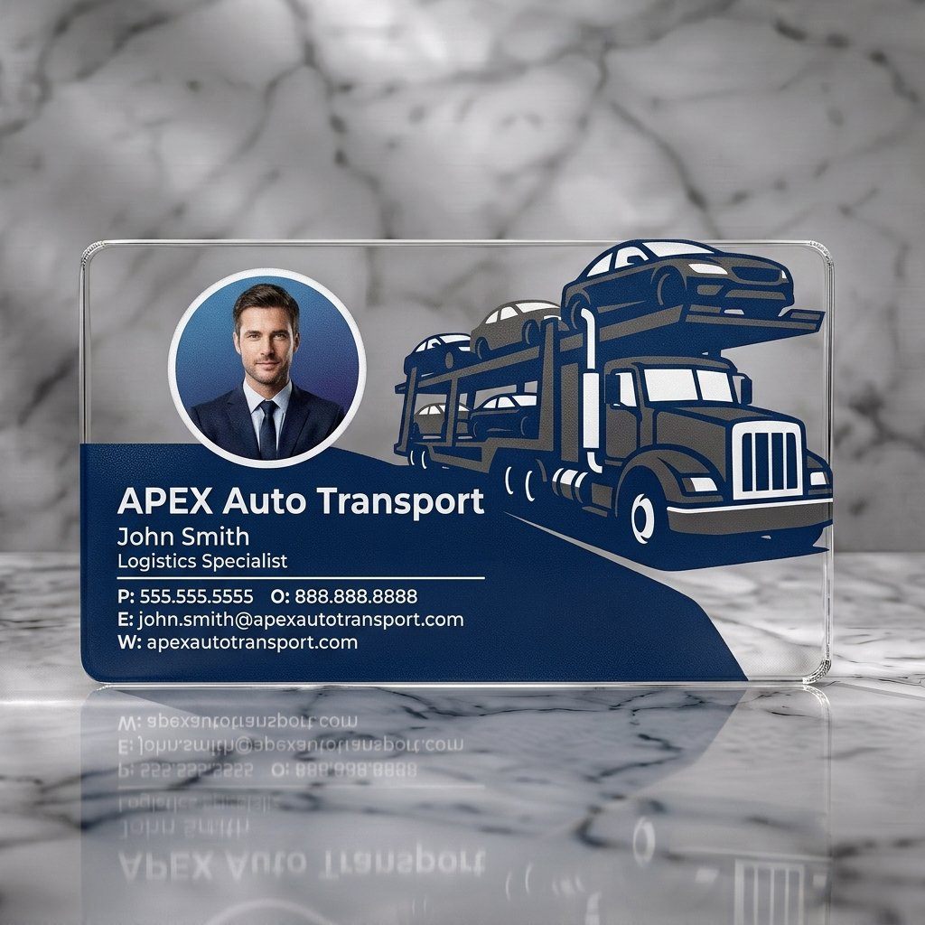 Clear plastic business card featuring sleek navy design, sans-serif type, professional photo, and striking auto transport truck icon