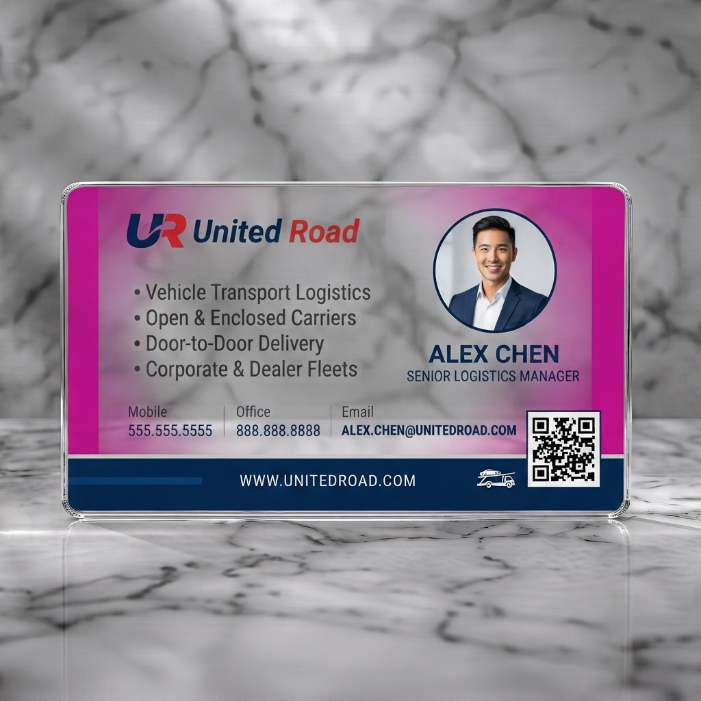 Clear plastic business card featuring modern, clean design with bold blue and red branding, sans-serif typography, auto transport icon, and QR code