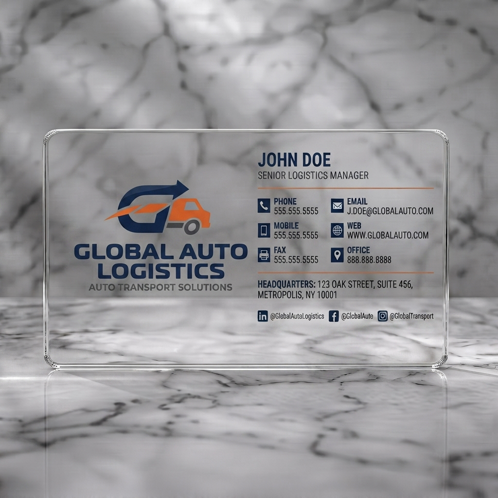 Clear plastic business card featuring modern design with navy blue and orange branding, sans-serif typography, and clear contact icons