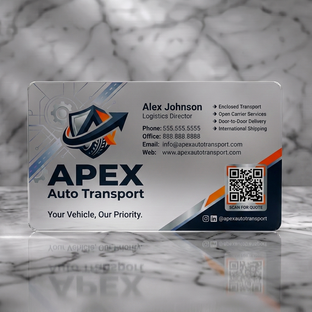 Frosted translucent plastic business card featuring a modern design with a shield logo, dark blue & orange accents, sans-serif text, tech graphics, and QR code