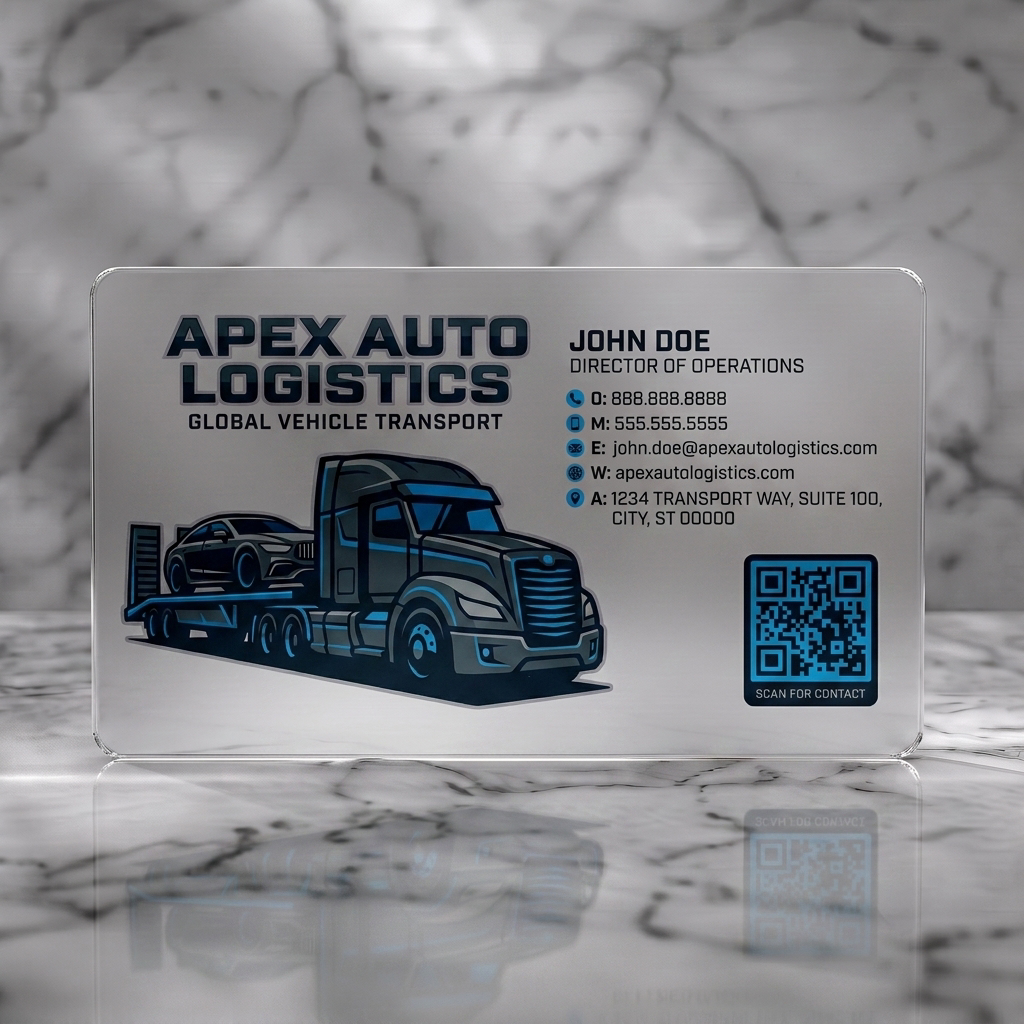 Frosted translucent plastic business card featuring a bold truck illustration, sleek gray and blue palette, strong sans-serif fonts, and clear contact icons