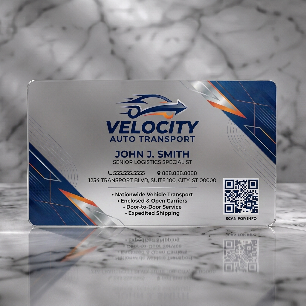 Frosted translucent plastic business card featuring geometric dark blue design, sleek car logo, orange/silver accents, modern sans-serif typography, QR code