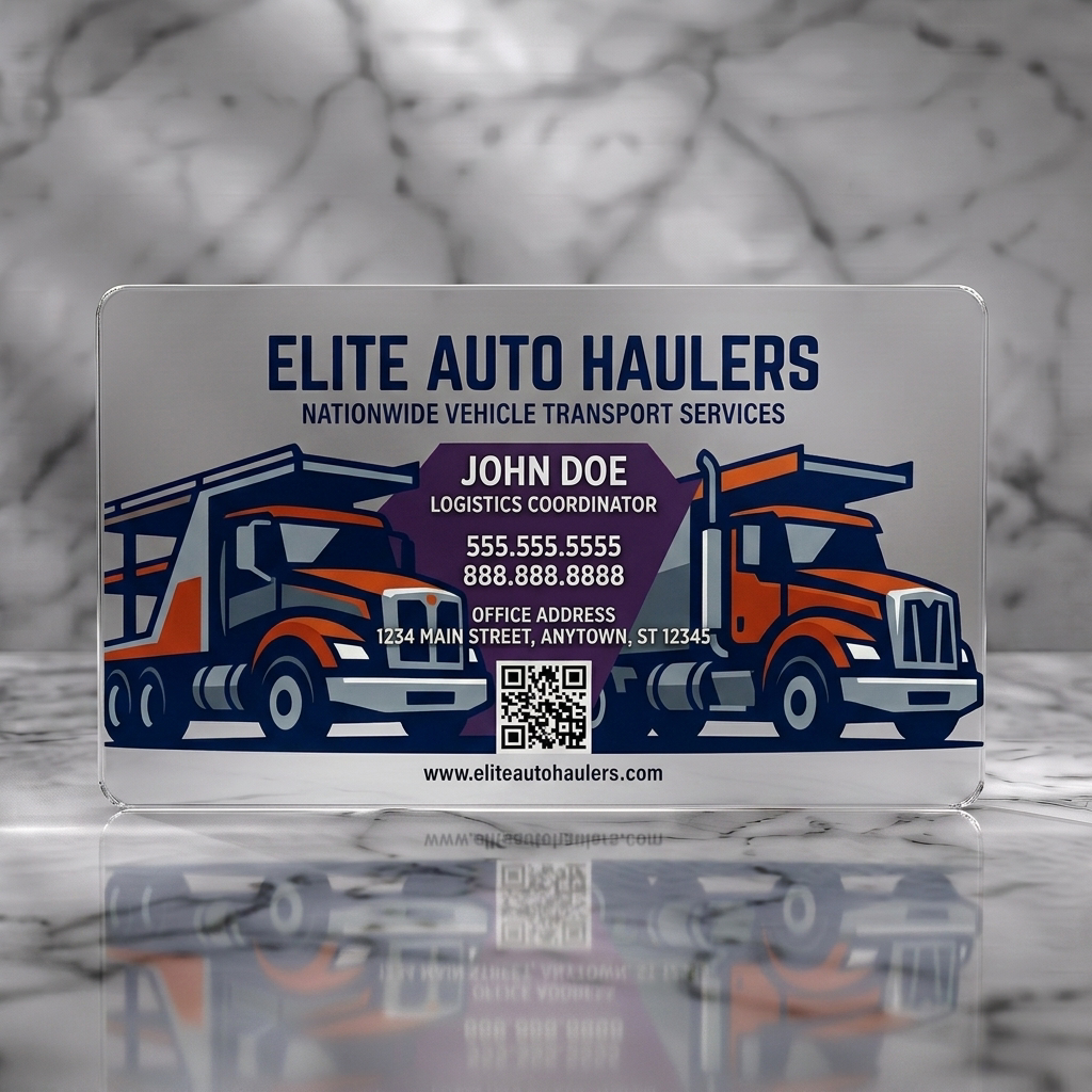 Frosted translucent plastic business card featuring bold truck illustrations, white and dark typography, orange/grey accents, and a QR code