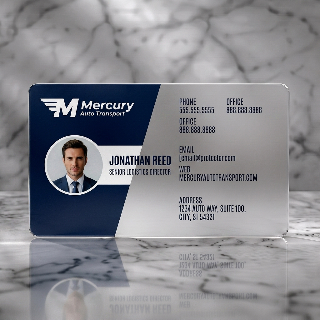 Frosted translucent plastic business card featuring a modern navy blue and white design with a winged 'M' logo, sans-serif typography, and professional photo