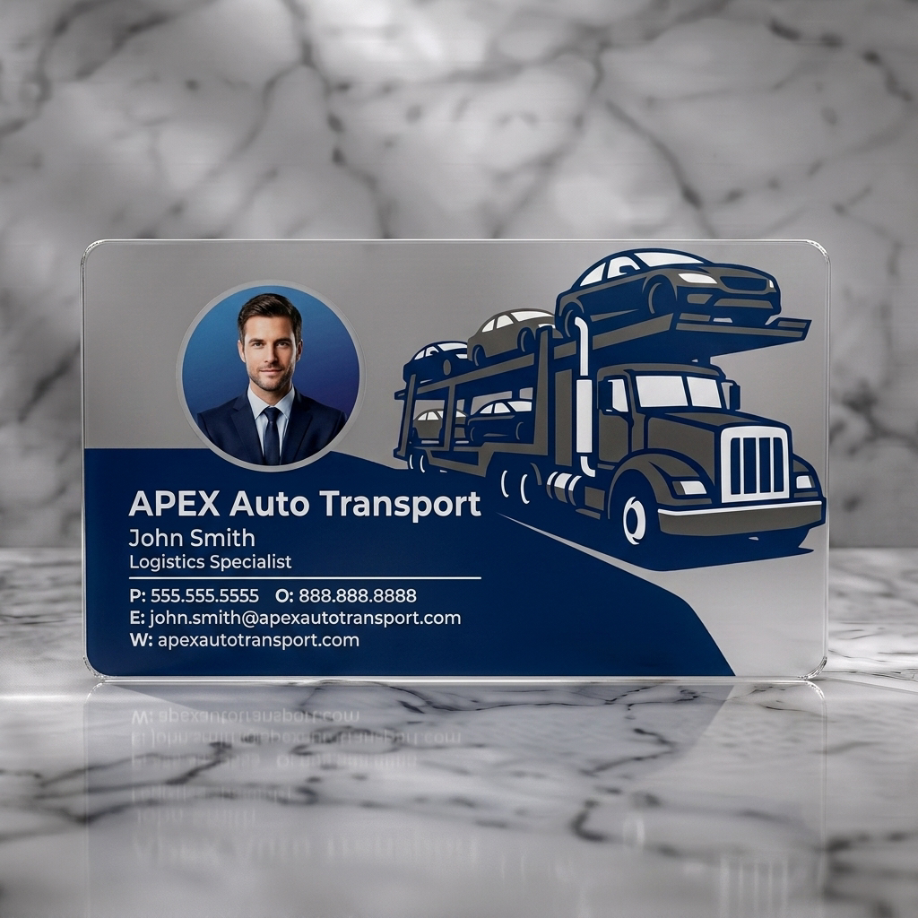 Frosted translucent plastic business card featuring sleek navy design, sans-serif type, professional photo, and striking auto transport truck icon