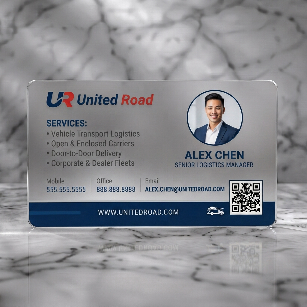 Frosted translucent plastic business card featuring modern, clean design with bold blue and red branding, sans-serif typography, auto transport icon, and QR code