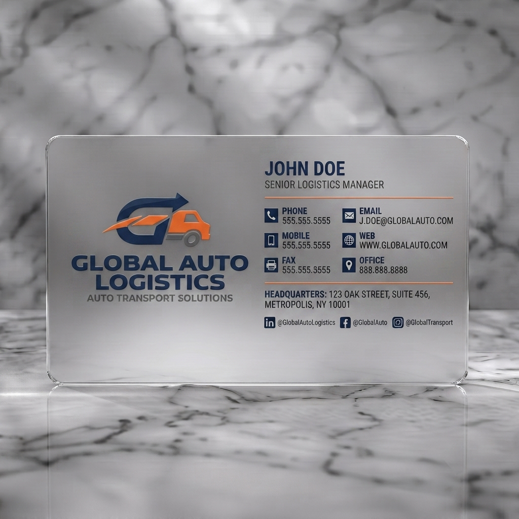 Frosted translucent plastic business card featuring modern design with navy blue and orange branding, sans-serif typography, and clear contact icons
