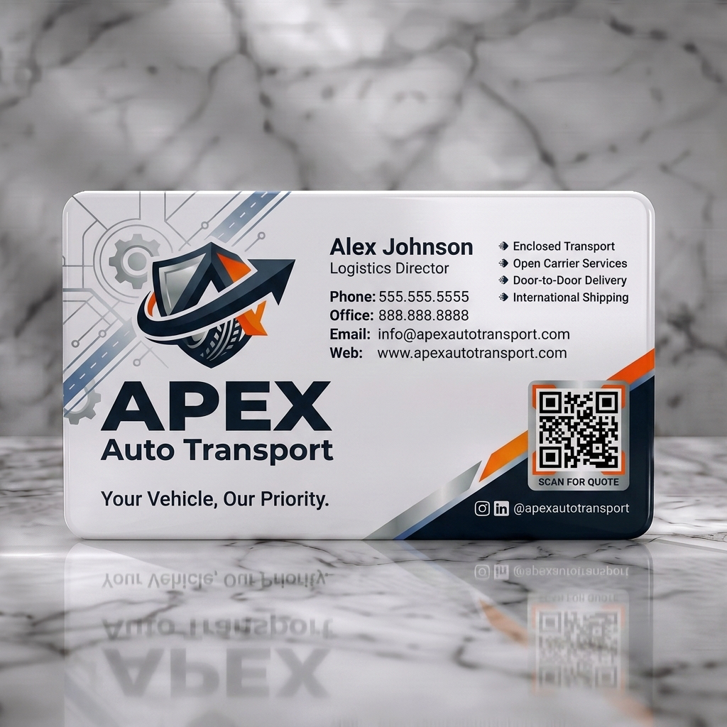 Solid white PVC business card featuring a modern design with a shield logo, dark blue & orange accents, sans-serif text, tech graphics, and QR code