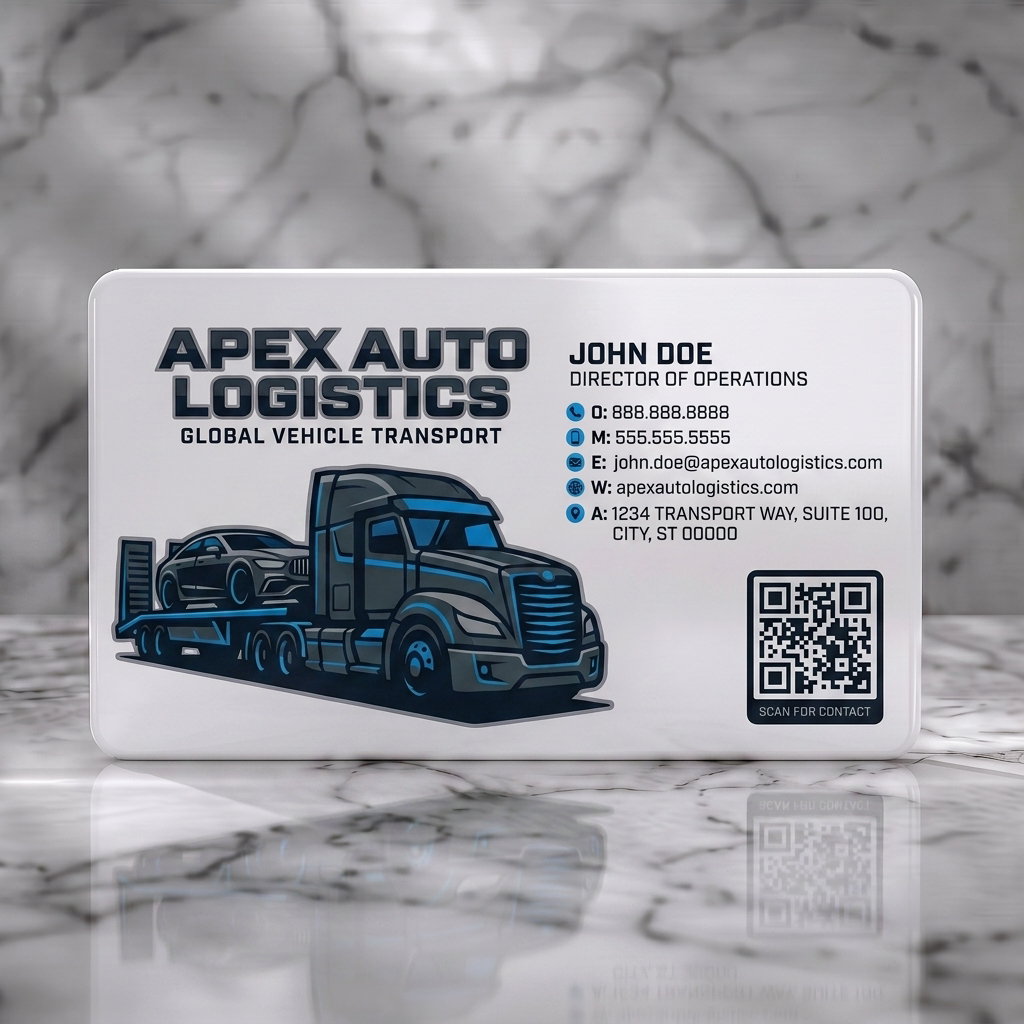 Solid white PVC business card featuring a bold truck illustration, sleek gray and blue palette, strong sans-serif fonts, and clear contact icons
