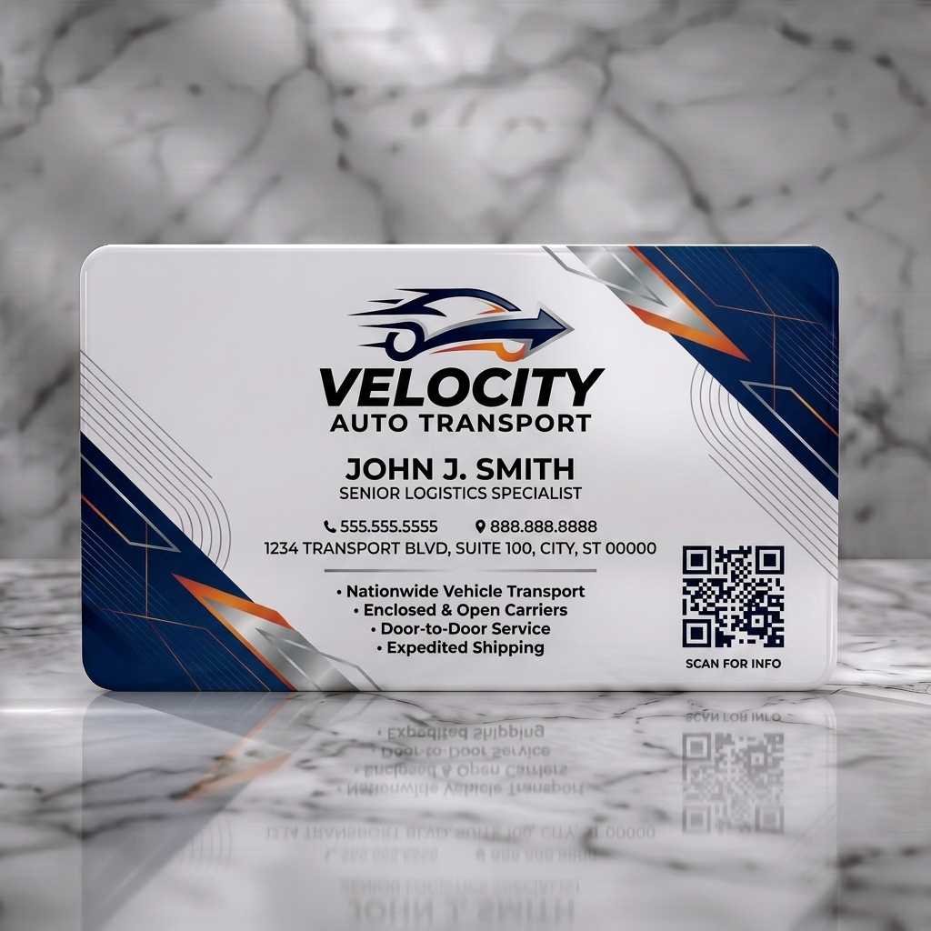 Solid white PVC business card featuring geometric dark blue design, sleek car logo, orange/silver accents, modern sans-serif typography, QR code