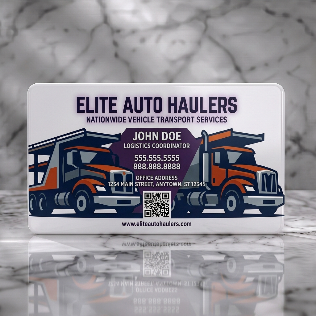 Solid white PVC business card featuring bold truck illustrations, white and dark typography, orange/grey accents, and a QR code