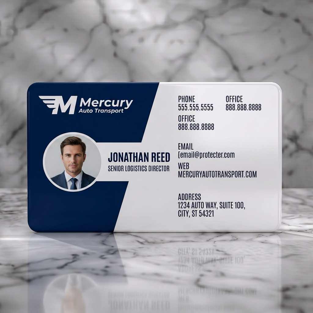 Solid white PVC business card featuring a modern navy blue and white design with a winged 'M' logo, sans-serif typography, and professional photo