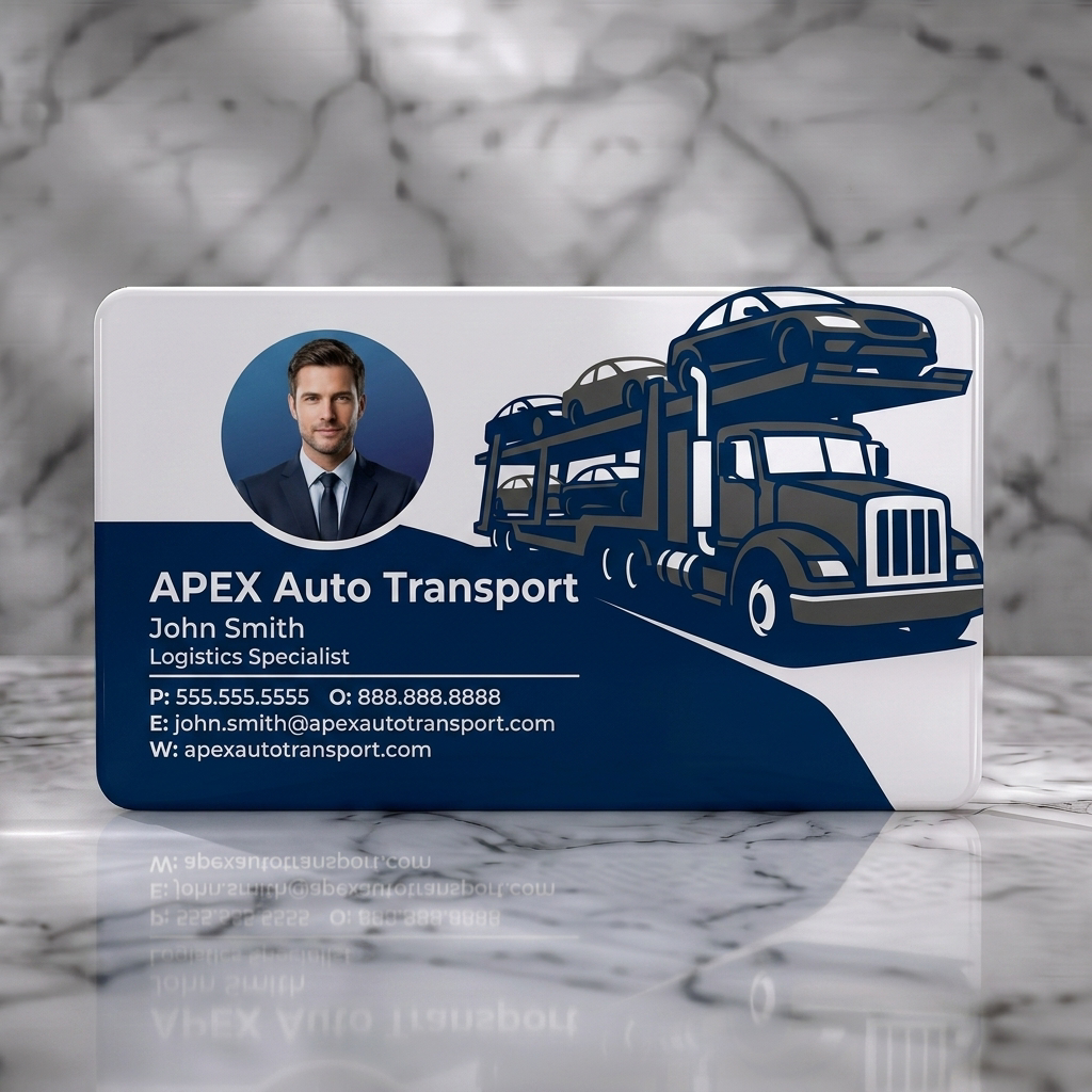 Solid white PVC business card featuring sleek navy design, sans-serif type, professional photo, and striking auto transport truck icon